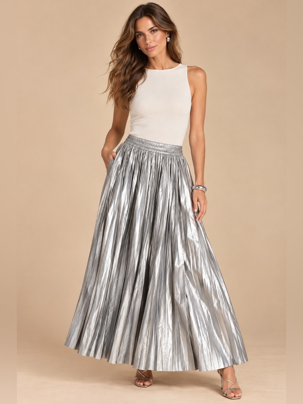 Wishlist Metallic Silver Pleated Evening Statement Pull On Flowy Maxi Skirt Glam - Picture 8 of 9